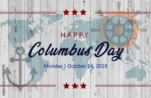Happy Columbus Day Sailing ship floating on the sea waves lettering with rays bright color vector engraving illustration blue background sunny day beach sea ocean