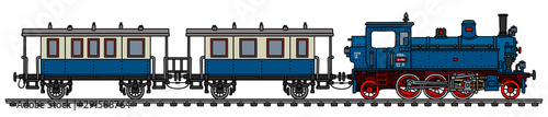 The vectorized hand drawing of a vintage blue passenger steam train