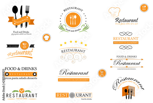 Food And Restaurant Logo Set - Isolated On White Background. Vector Illustration For Cook  Chef  Kitchen  Bar  Hat  Fork And Knife Logo. Restaurant And Food Logo For Bistro  Cook Elements And Labels
