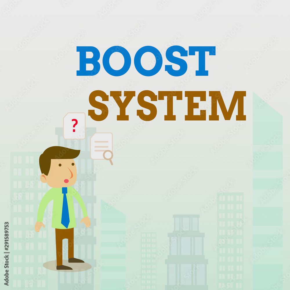 Writing note showing Boost System. Business concept for Rejuvenate Upgrade Strengthen Be Healthier Holistic approach Young Male Businessman Worker Searching Problem Solution