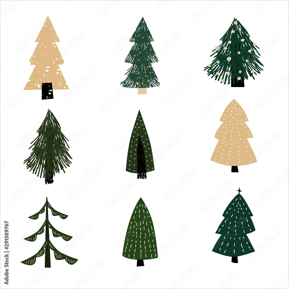 Obraz premium Set Christmas forest tree fir-tree icon. Simple doodles black white illustration in scandinavian style