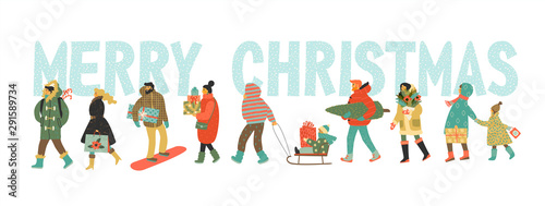 Christmas and Happy New Year illustration whit people.