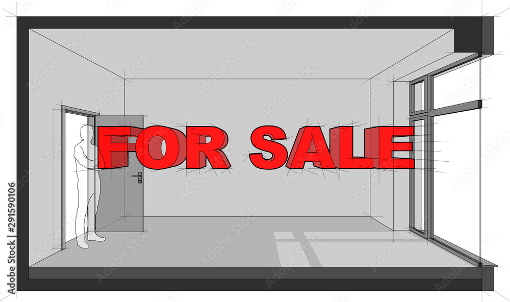 diagram of a empty room with door and tall window and text FOR SALE diagram of a empty room with door and tall window and text FOR SALE