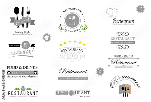 Food And Restaurant Logo Set - Isolated On White Background. Vector Illustration For Cook, Chef, Kitchen, Bar, Hat, Fork And Knife Logo. Restaurant And Food Logo For Bistro, Cook Elements And Labels