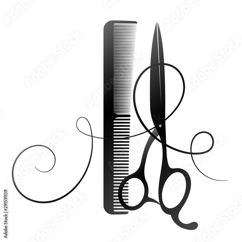 Scissors and comb with curl hair silhouette for beauty salon and hairdresser