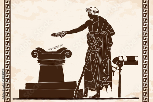 An ancient Greek man holds a ritual of sacrifice near a stone altar with a cup in his hand.