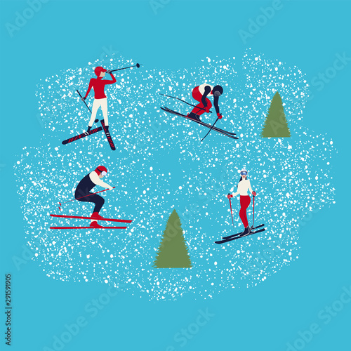 Skiers, snowfall, spruce - vector. Christmas. New Year. Winter outdoor recreation. Skiing.