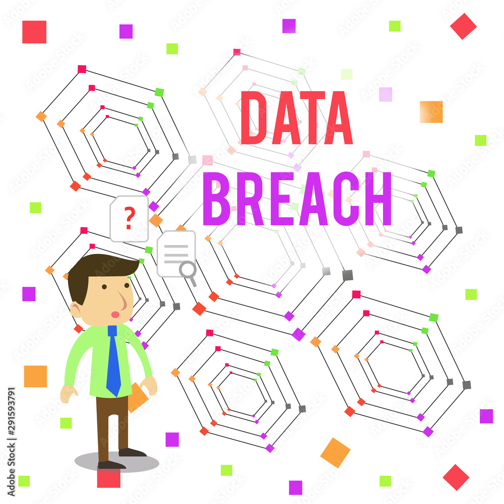 Fototapeta premium Word writing text Data Breach. Business photo showcasing security incident where sensitive protected information copied Young Male Businessman Office Worker Standing Searching Problem Solution