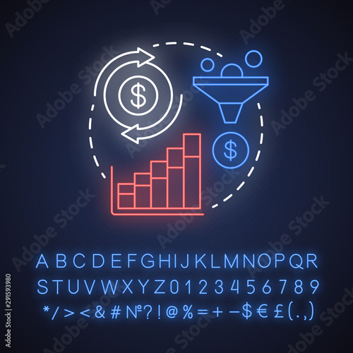 Get profit neon light concept icon. Increase earnings idea. Digital marketing. Financial business plan, money transfer. Glowing sign with alphabet, numbers and symbols. Vector isolated illustration