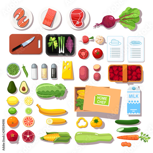 Various portioned ingredients and recipes meal kit