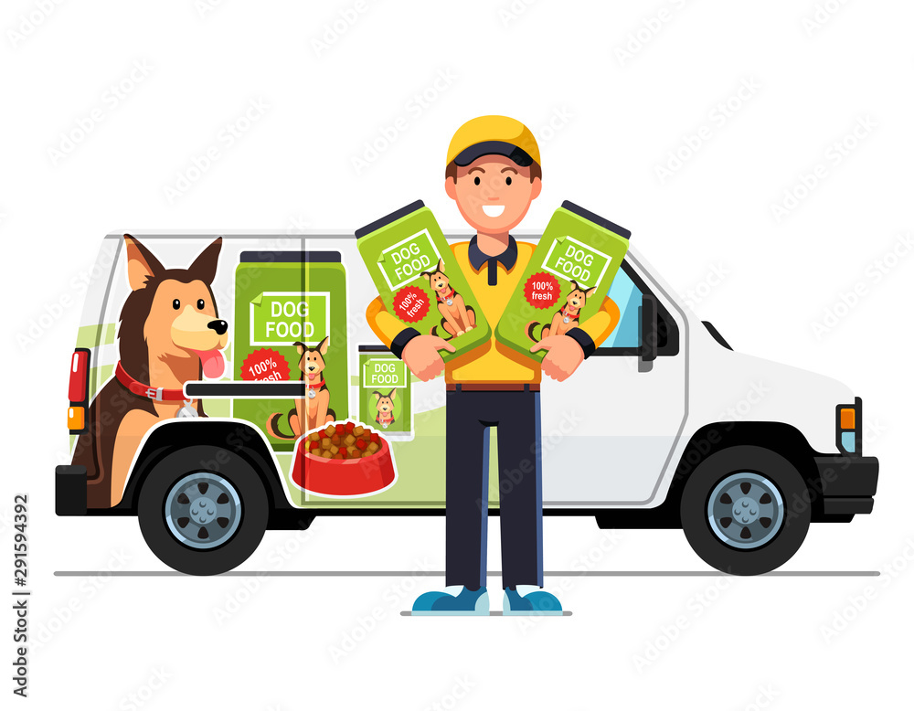 Courier man delivering dog food and holding bags Courier man delivering dog food and holding bags