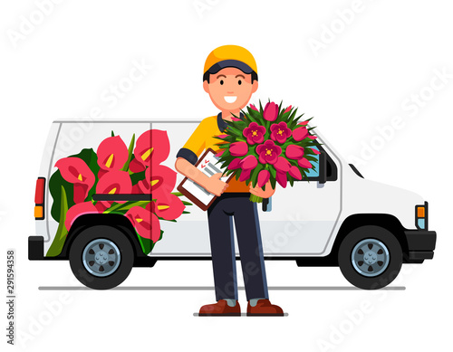 Courier boy with flowers bouquet, delivery truck