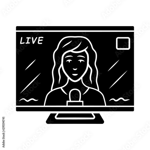 Reporter woman on TV glyph icon. Female journalist reporting breaking news live. Newscast. Newswoman on TV screen. Silhouette symbol. Negative space. Vector isolated illustration