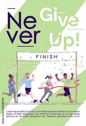 Never give up brochure template. Marathon finish. City footrace. Flyer, booklet, leaflet concept with flat illustrations. Vector page cartoon layout for magazine. Motivational poster with text space