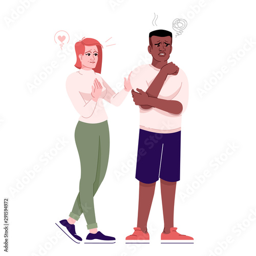 Friendly support flat vector illustration. Apologizing after quarrel. Girl care for guy suffering. Woman condolences to man isolated cartoon characters with outline elements on white background