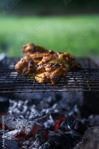 Marinated grilled chicken drumsticks on fire in the park.