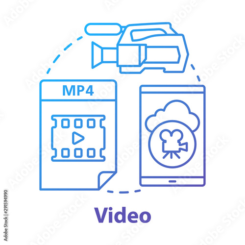 Video blue concept icon. Shooting movie idea thin line illustration. Videoclips, films, media files. Videorecording, filming, video production & filmmaking. Vector isolated outline drawing photo