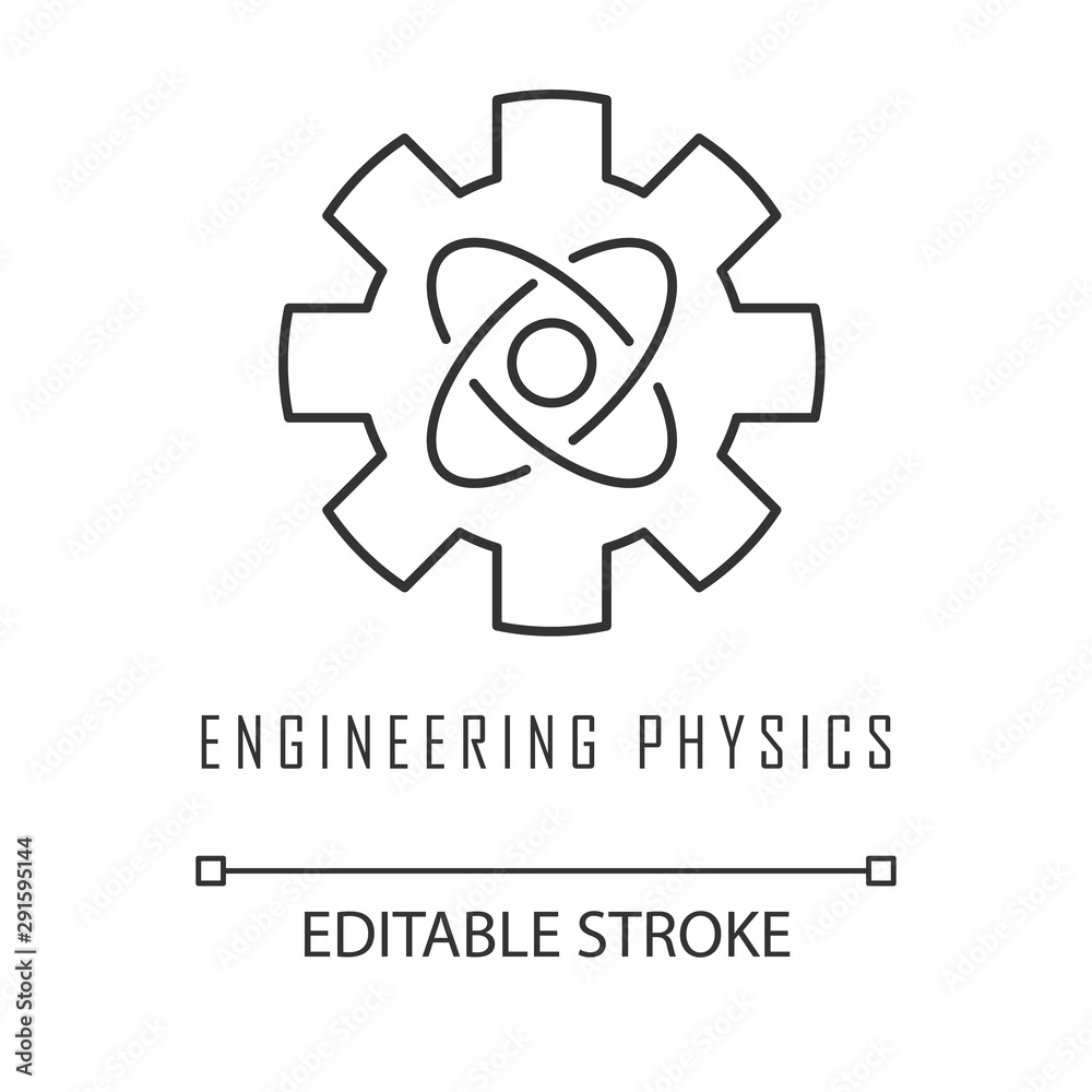Engineering physics linear icon. Cogwheel and atom structure model. Mechanical engineering. Nano technologies. Thin line illustration. Contour symbol. Vector isolated outline drawing. Editable stroke
