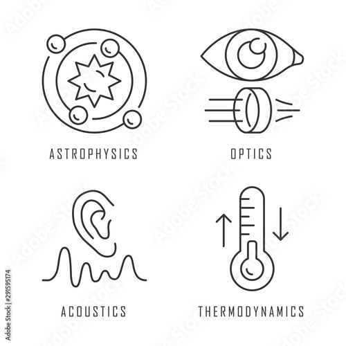 Physics branches linear icons set. Astrophysics, optics, acoustics and thermodynamics. Physical phenomenons. Thin line contour symbols. Isolated vector outline illustrations. Editable stroke