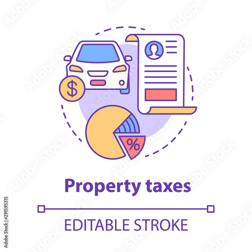 Property taxes concept icon. Calculating tax on value of possessions idea thin line illustration. Real estate taxation. Goods interest deduction. Vector isolated outline drawing. Editable stroke