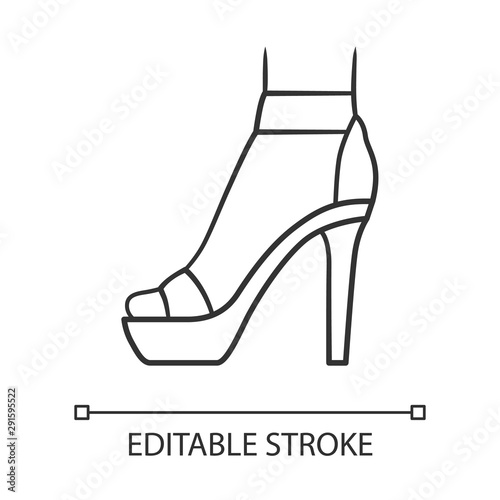 Ankle strap high heels linear icon. Woman stylish footwear design. Female party stiletto shoes. Editable stroke. Thin line illustration. Contour symbol. Vector isolated outline drawing