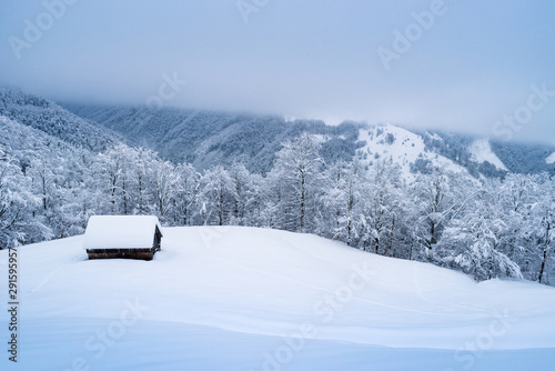 Wonderful winter scenery with mountain hut © Oleksandr Kotenko