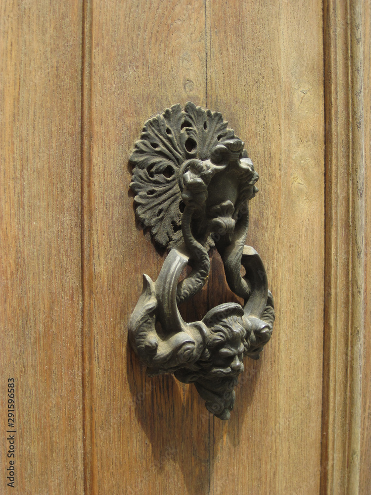 An animal shaped, door handle is on the old wooden.