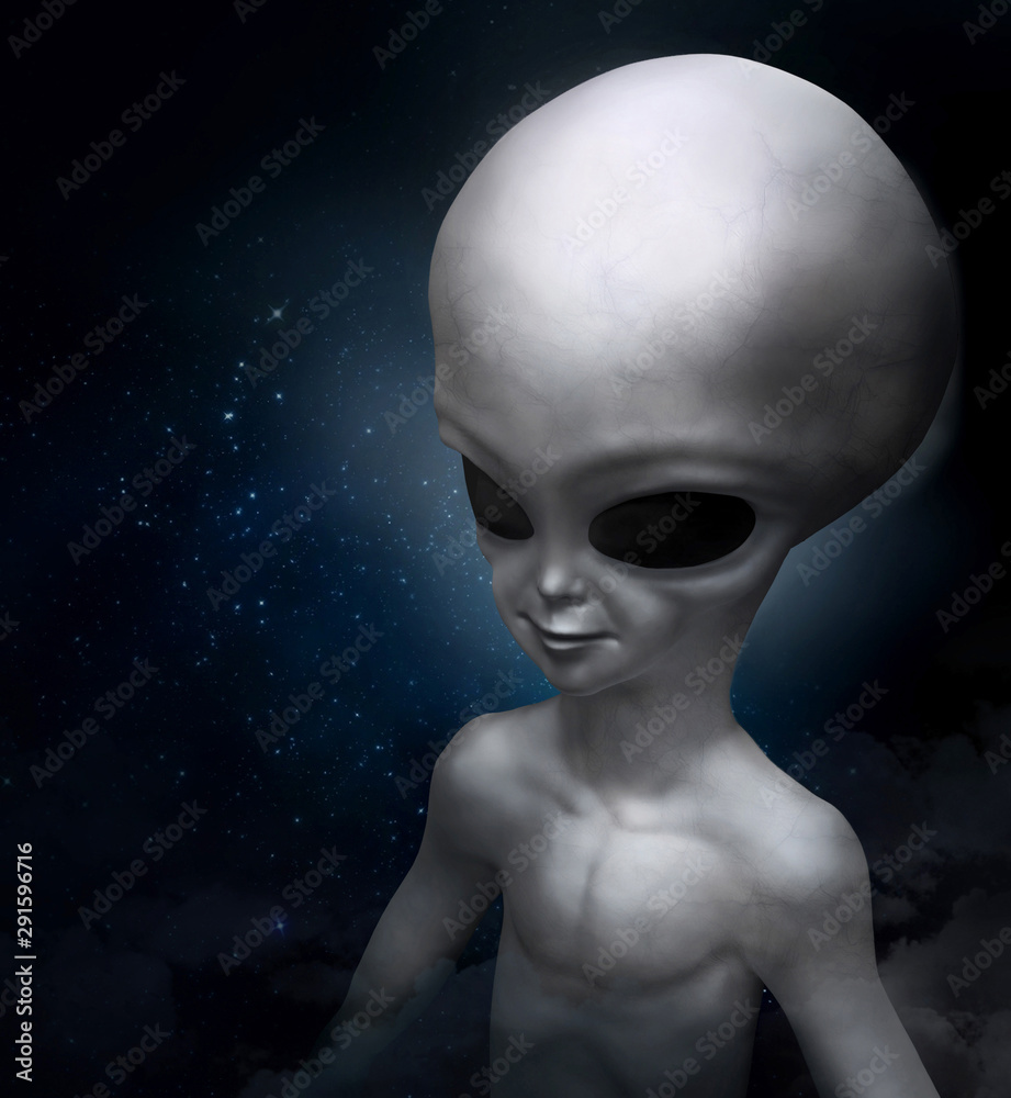 Portrait of a gray alien on the background of the cosmos. 3D illustration Portrait of a gray alien on the background of the cosmos. 3D illustration
