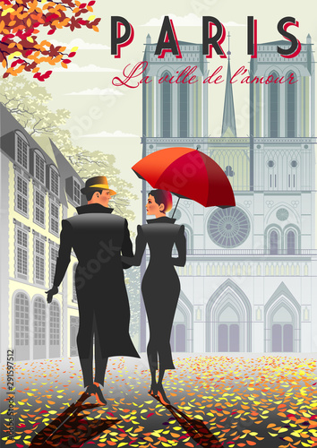 Photography Loving couple in Paris in the fall and the Notre Dame Cathedral in the background