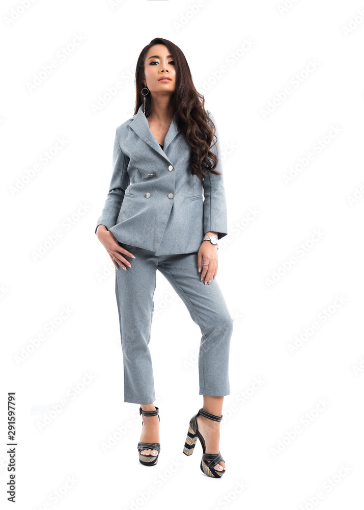 Fototapeta premium Asian business woman wearing gray work suit are standing strive, looking at the front isolated on white background and shadow.