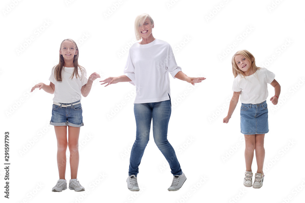 Fototapeta premium in full growth. happy dancing family . isolated on white