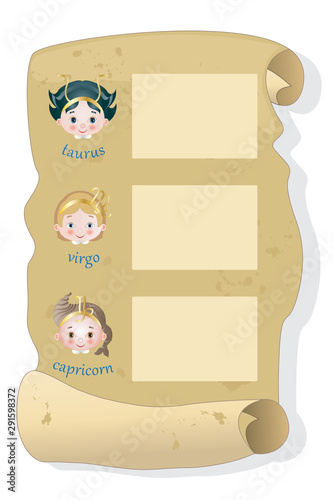 Parchment with the three zodiacal signs of earth: taurus virgo capricon