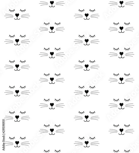 Vector seamless pattern of flat outline cat face isolated on white background
