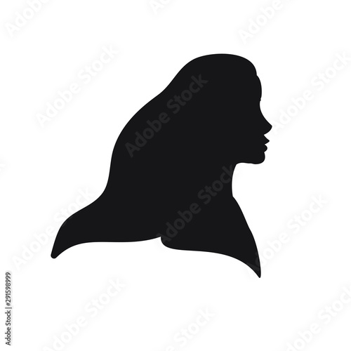 Vector flat black woman face silhouette isolated on white background. Girl bust with long hair