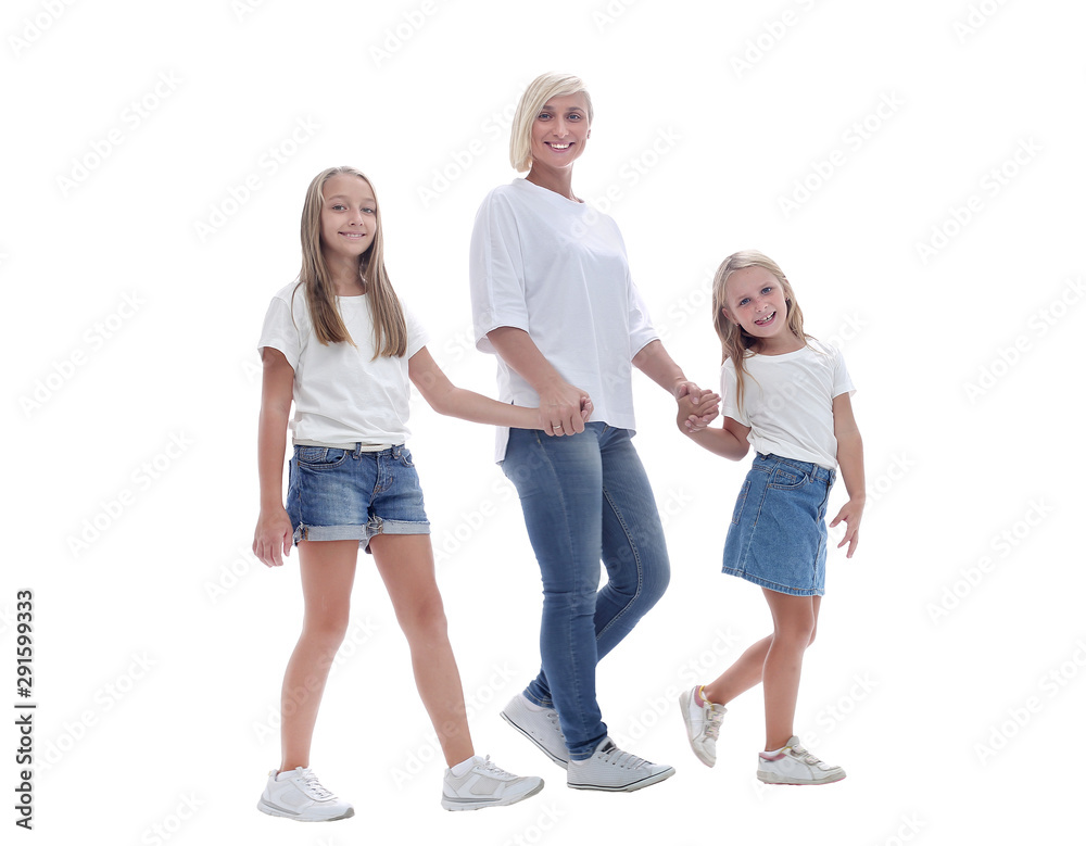 Fototapeta premium side view . mom and daughters going together