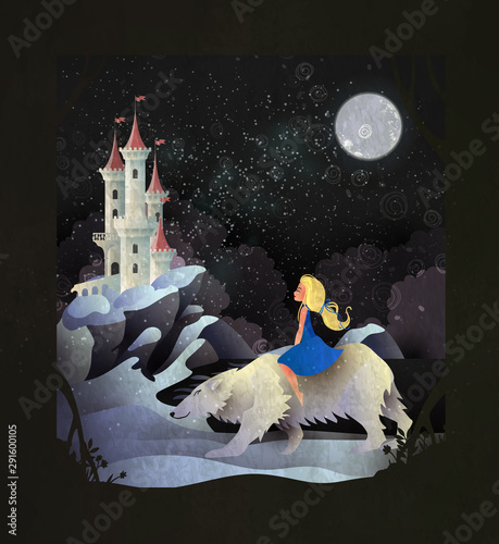 Fairy tale illustration girl riding polar bear in front of winter castle