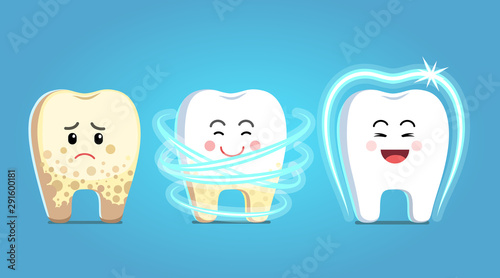 Upset tooth character with plaque gets treatment