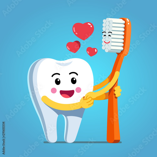 Happy, funny tooth embracing toothbrush with love