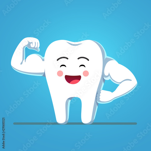 Funny cartoon tooth showing sturdy enamel biceps