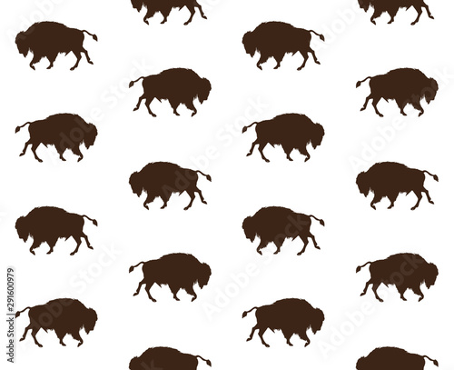 Vector seamless pattern of wild american bison silhouette isolated on white background