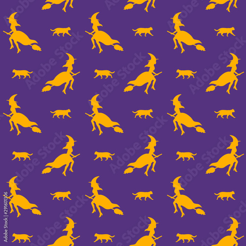 Vector seamless pattern of orange witch and cat silhouette isolated on purple background. Halloween illustration