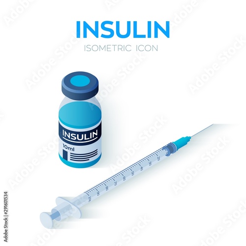 Insulin Vial and Disposable Syringe isometric icon. Insulin ampule. Control your Diabetes. Concept of vaccination, injection. Created For Mobile, Web, Decor, Application. Vector Illustration.