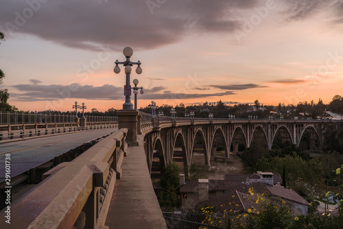 Image of the landmark Colorado Street Bridge in Pasadena taken at dusk. Pasadena is located in Los Angeles County. photo