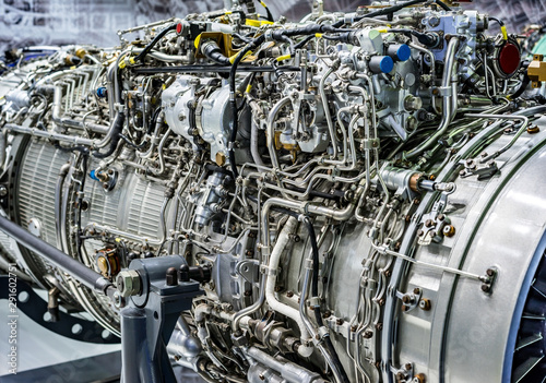 Engine of fighter jet, internal structure with hydraulic. Fuel pipes and other hardware equipment of army aviation and aerospace industry