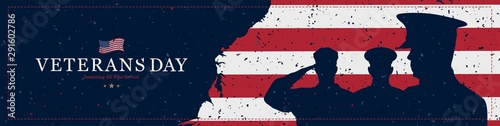 Happy Veterans Day. Greeting card with USA flag and soldiers on background with texture. National American holiday event. Flat vector illustration EPS10