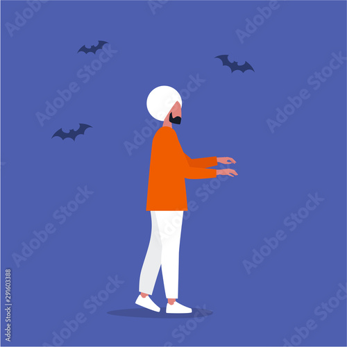Zombie. Sleepwalking. Hypnotised indian male character. Conceptual illustration, clip art
