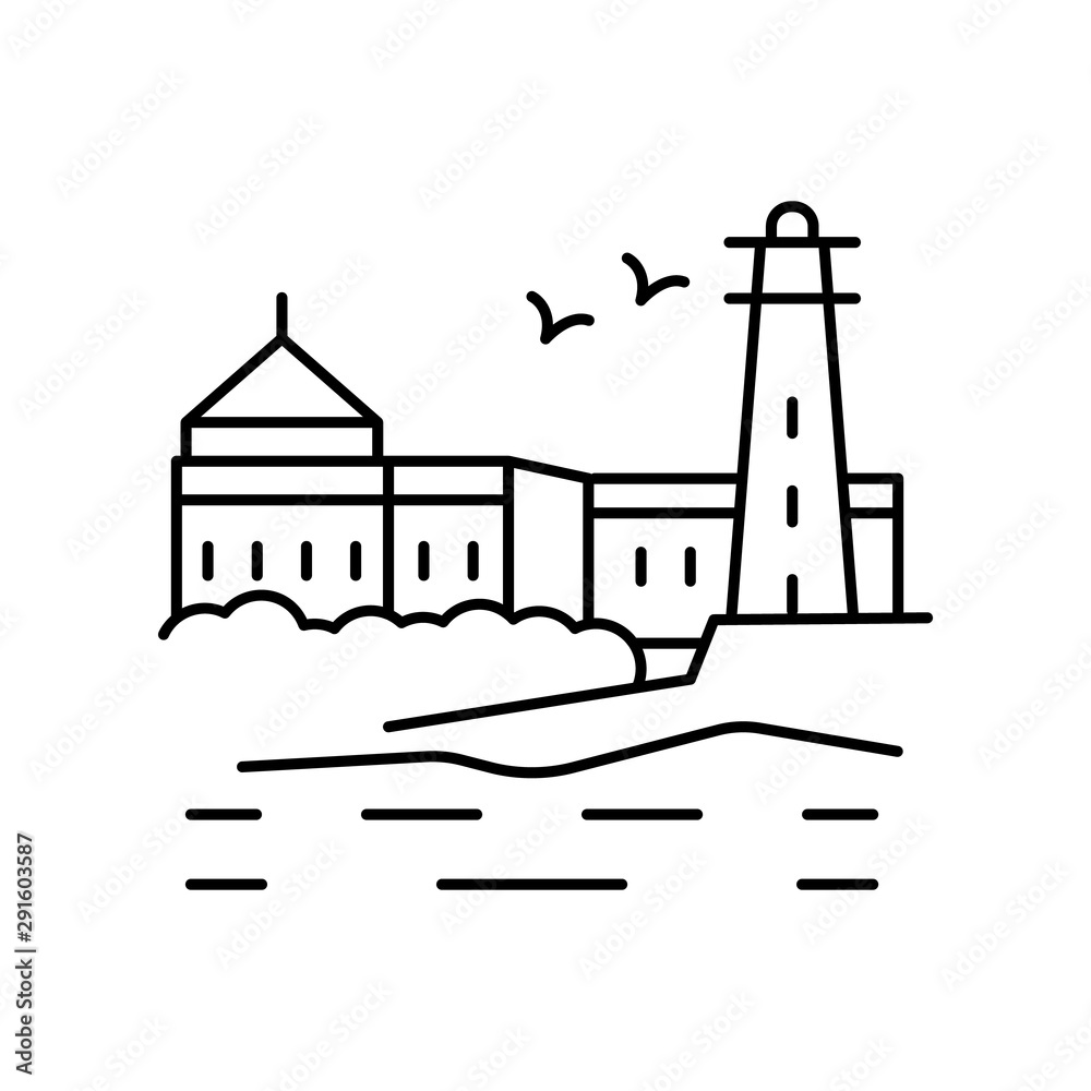 Lighthouse, building, bird, sea icon. Element of landscape thin line icon