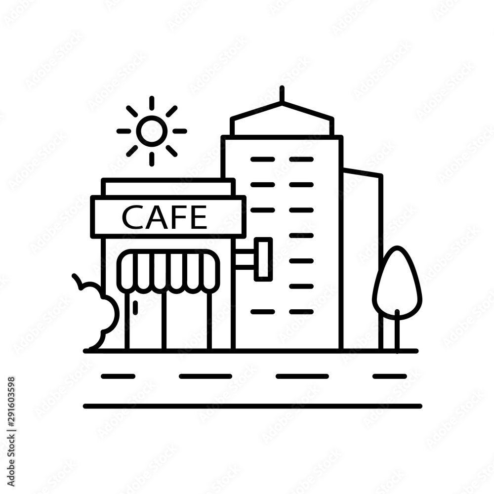 Cafe, buildings, tree, sun icon. Element of landscape thin line icon Cafe, buildings, tree, sun icon. Element of landscape thin line icon