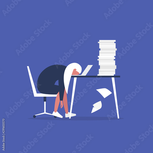 Professional burnout. Young exhausted female manager sitting at the office. Long working day. Millennials at work. Flat editable vector illustration, clip art
