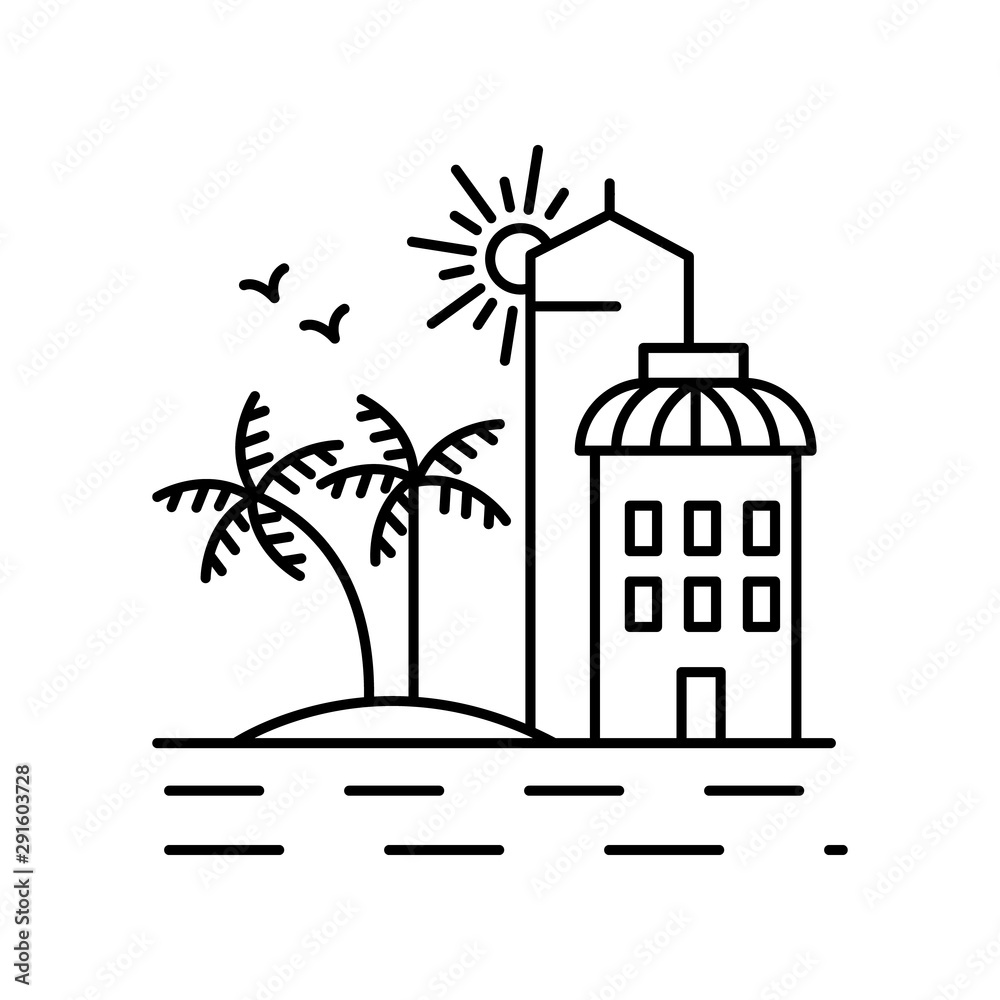 Beach, sun, palm, hotel, sea icon. Element of landscape thin line icon